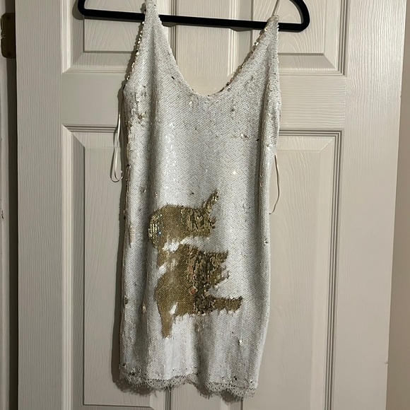 free people silver sequin dress FREE PEOPLE Sequin GISELLE Drawstring RoucheHem Mini Dress